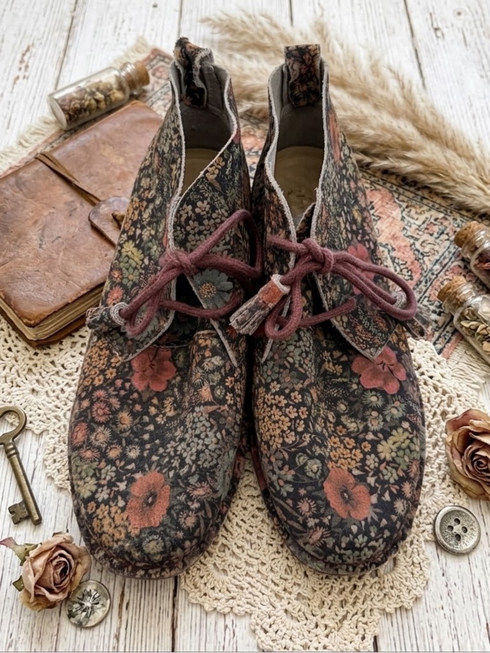 Hush Puppies Floral Ankle Boots in Black with Multicolor Blooms